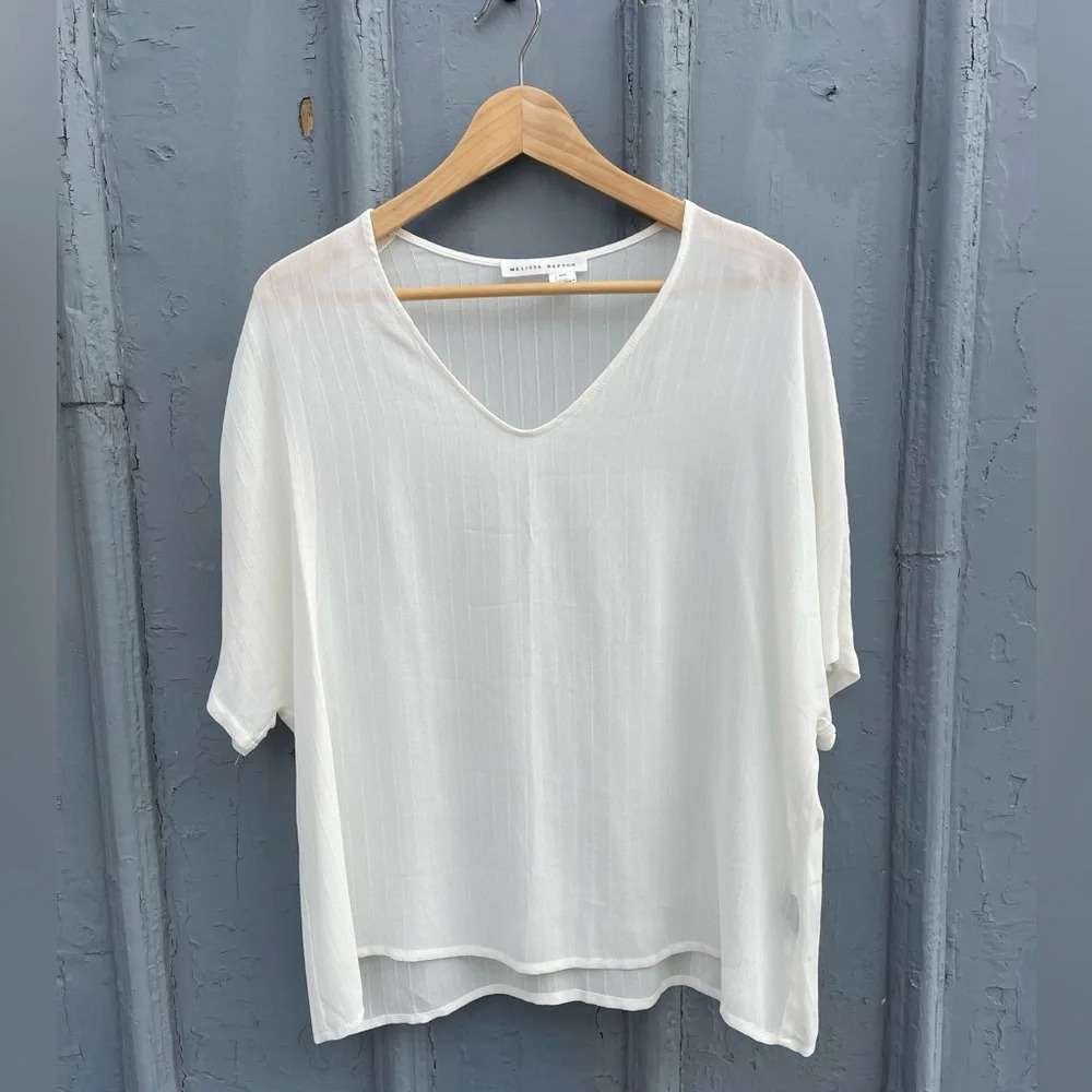 MELISSA NEPTON sheer  white V neck blouse loose fit, size Large